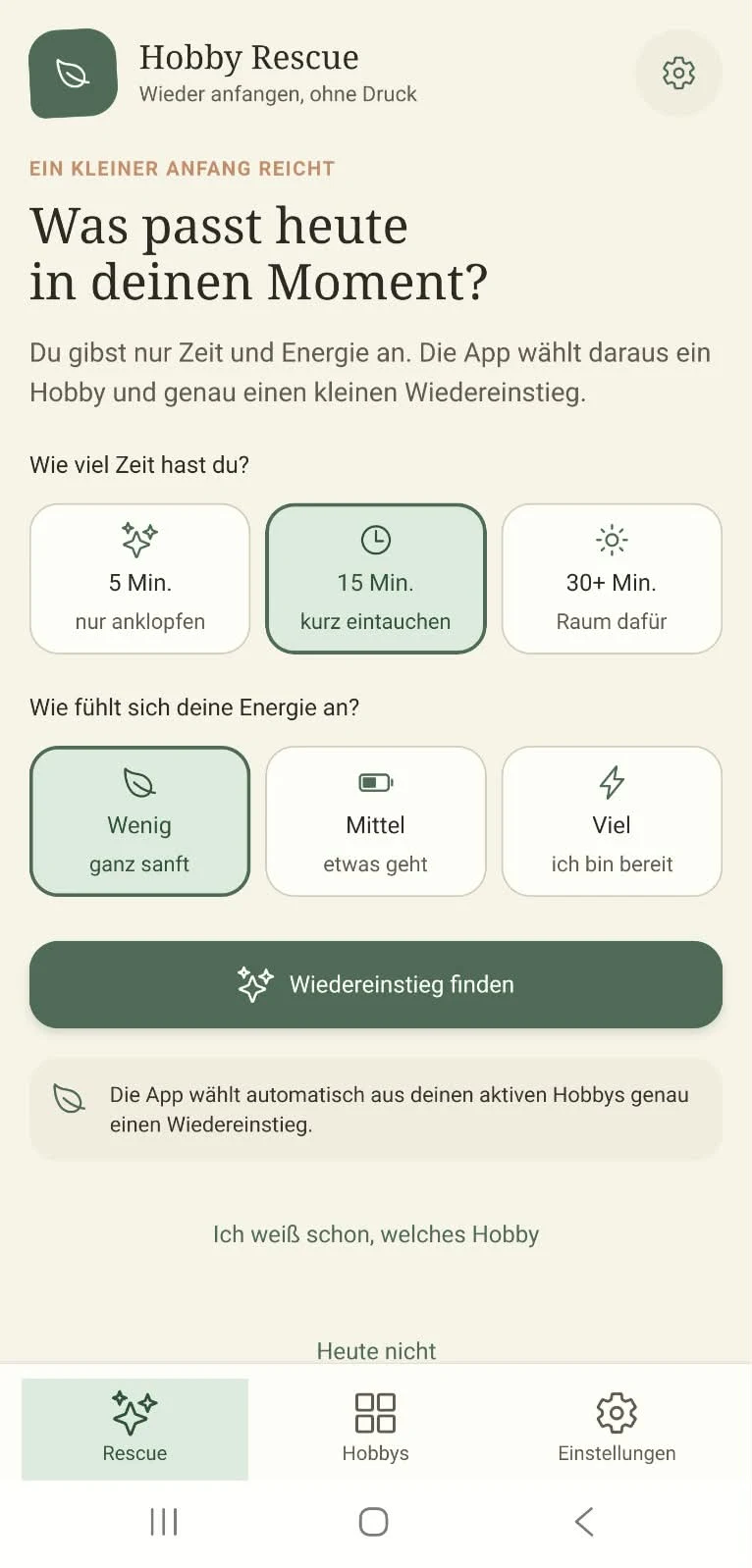 Startansicht von Hobby Rescue mit Auswahl für Zeit und Energie