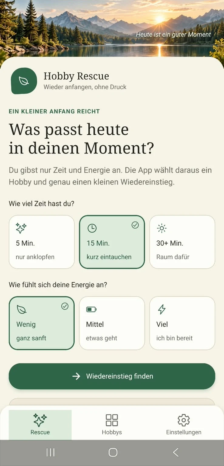Startansicht von Hobby Rescue mit Auswahl für Zeit und Energie