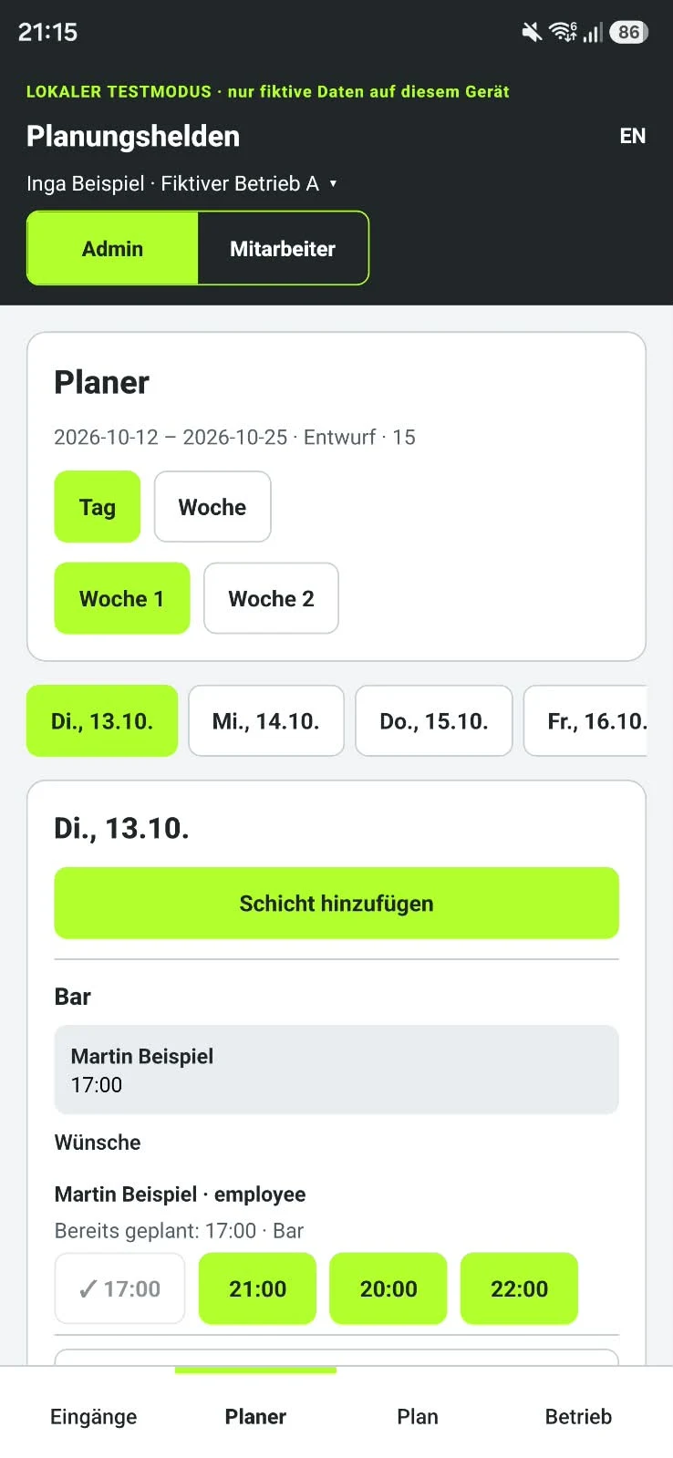 Planungshelden-Planer im lokalen Testmodus mit fiktiven Schichten und Arbeitswünschen